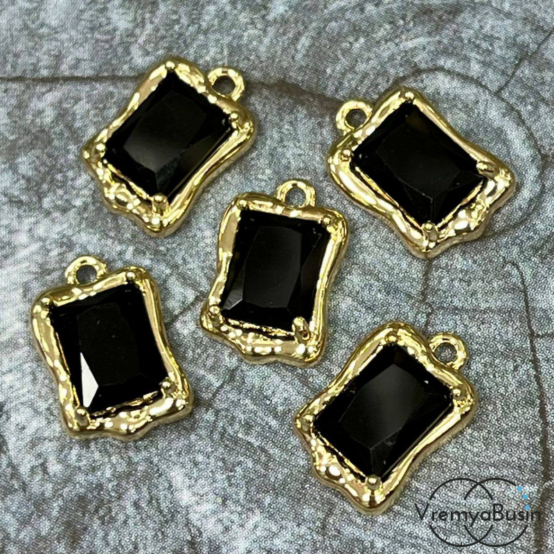 Подвеска с фианитом, прямоугольник 14х9 мм, латунь с позолотой, цв. черный   (1 шт.)
