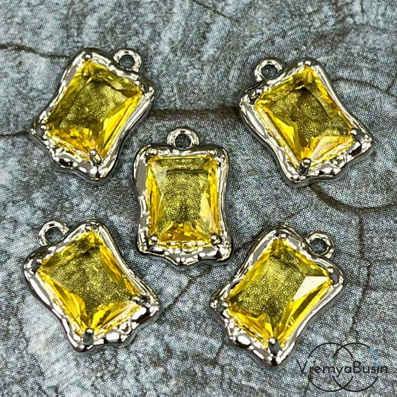 Подвеска с фианитом, прямоугольник 14х9 мм, латунь с родиевым покрытием, цв. желтый   (1 шт.)