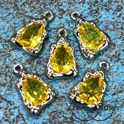 Подвеска с фианитом, капля 14х9 мм, латунь с родиевым покрытием, цв. желтый  (1 шт.)