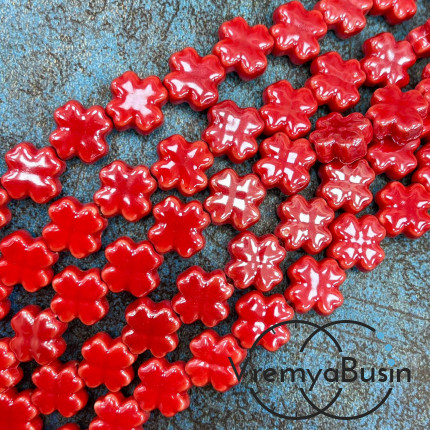 Бусина керамическая "Клевер", 12х6 мм, цв. КРАСНЫЙ (нить, ок. 30 шт.)