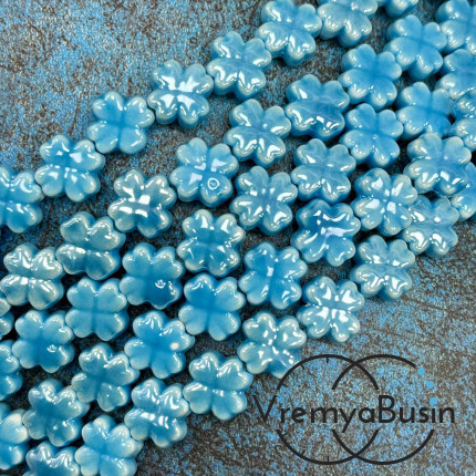 Бусина керамическая "Клевер", 12х6 мм, цв.  БИРЮЗОВЫЙ (нить, ок. 30 шт.)