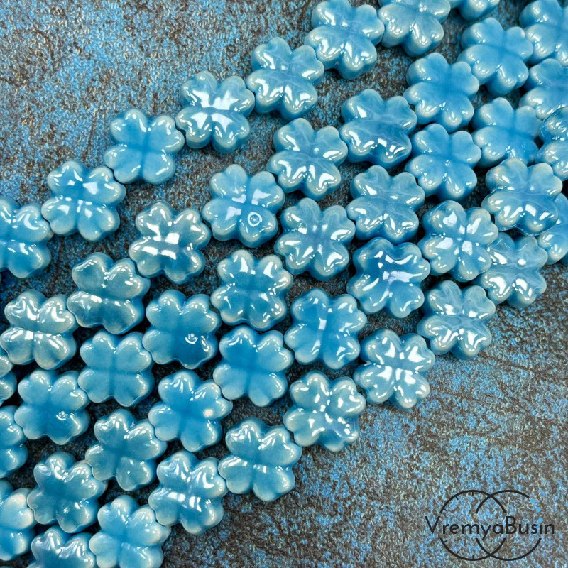 Бусина керамическая "Клевер", 12х6 мм, цв.  БИРЮЗОВЫЙ (нить, ок. 30 шт.)