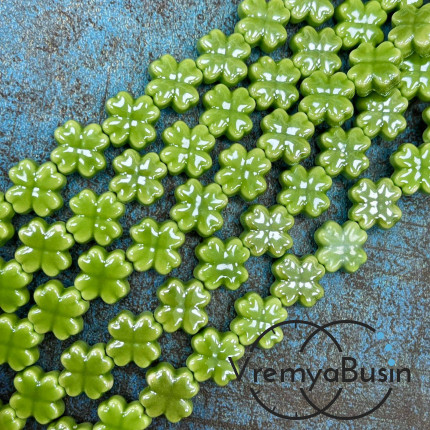 Бусина керамическая "Клевер", 12х6 мм, цв. САЛАТОВЫЙ (нить, ок. 30 шт.)