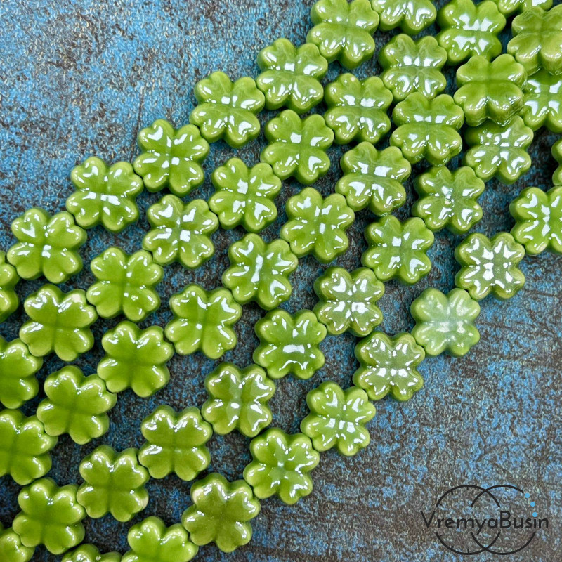 Бусина керамическая "Клевер", 12х6 мм, цв. САЛАТОВЫЙ (нить, ок. 30 шт.)