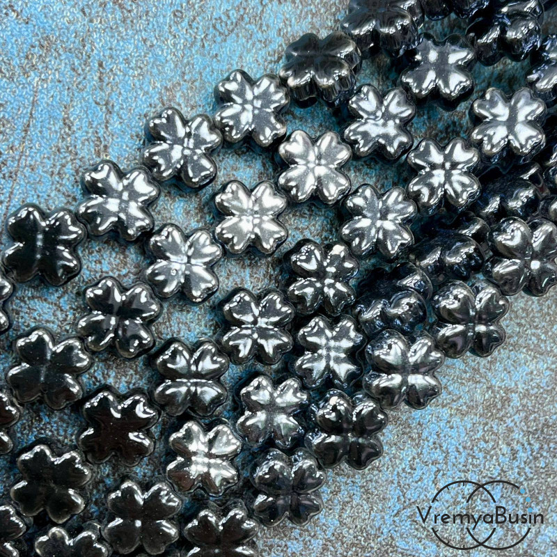 Бусина керамическая "Клевер", 12х6 мм, цв. ЧЕРНЫЙ (нить, ок. 30 шт.)