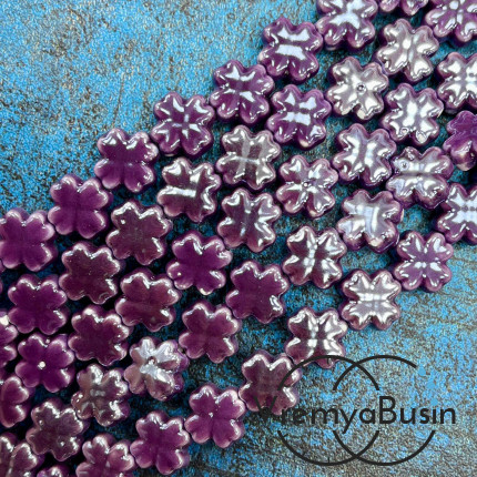 Бусина керамическая "Клевер", 12х6 мм, цв. ФИОЛЕТОВЫЙ (нить, ок. 30 шт.)