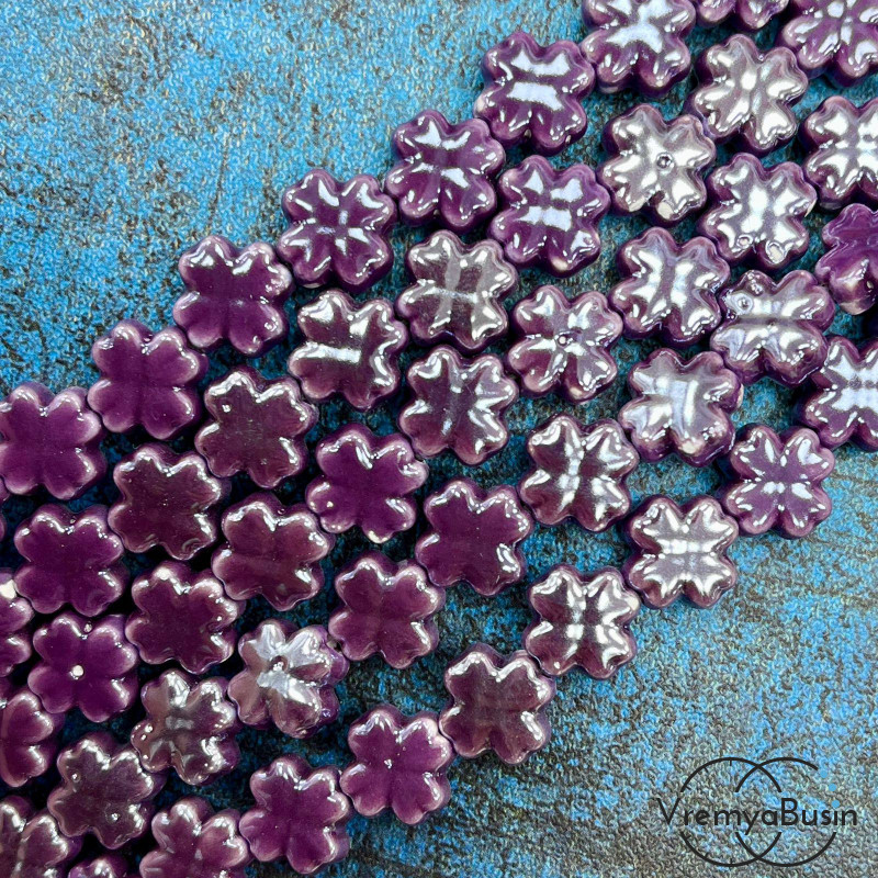 Бусина керамическая "Клевер", 12х6 мм, цв. ФИОЛЕТОВЫЙ (нить, ок. 30 шт.)