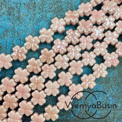 Бусина керамическая "Клевер", 12х6 мм, цв.  РОЗОВЫЙ (нить, ок. 30 шт.)