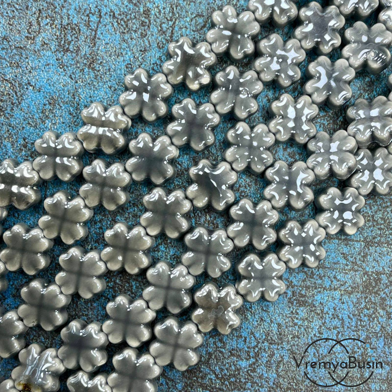 Бусина керамическая "Клевер", 12х6 мм, цв. СЕРЫЙ ТЕМНЫЙ (нить, ок. 30 шт.)