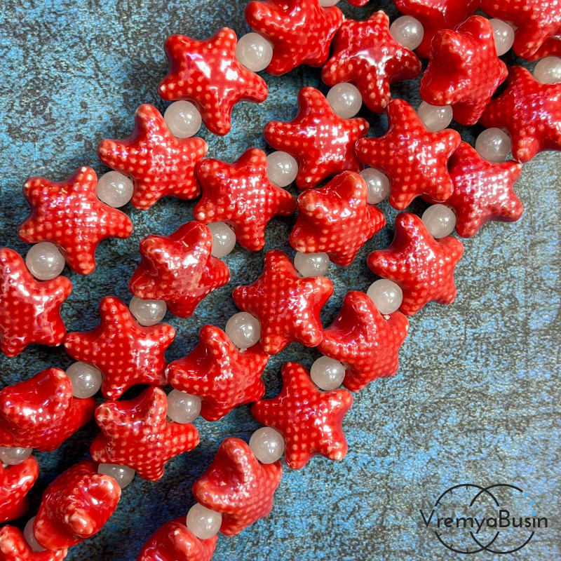 Бусина керамическая "Морская звезда", 18х10 мм, цв. красный (нить, ок. 22 шт.)