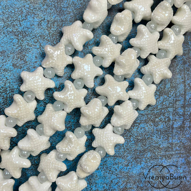 Бусина керамическая "Морская звезда", 18х10 мм, цв. белый (нить, ок. 22 шт.)