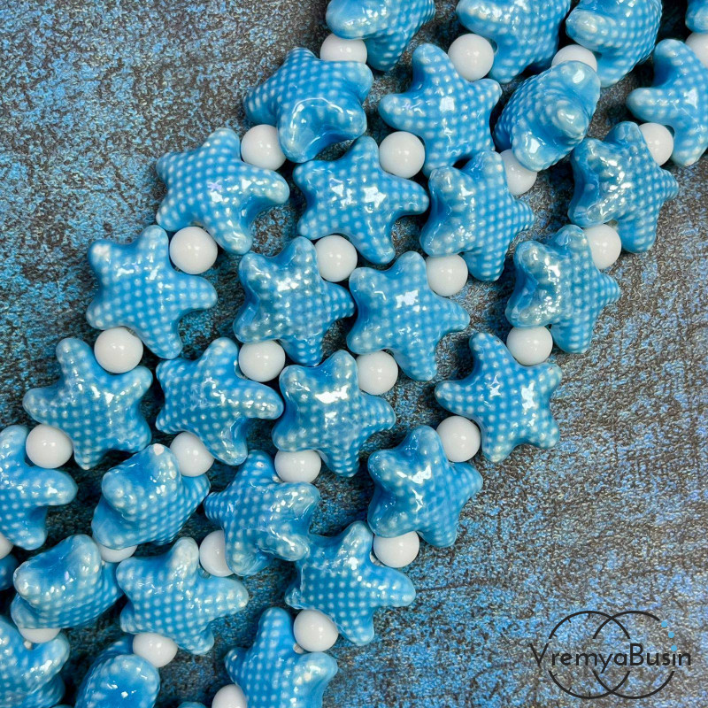 Бусина керамическая "Морская звезда", 18х10 мм, цв. бирюзовый (нить, ок. 22 шт.)