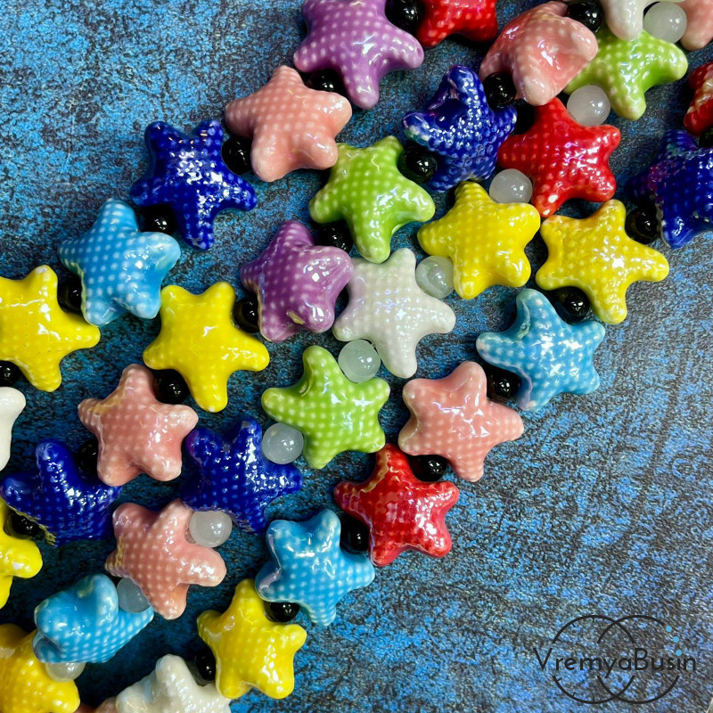 Бусина керамическая "Морская звезда", 18х10 мм, цв. микс (нить, ок. 22 шт.)