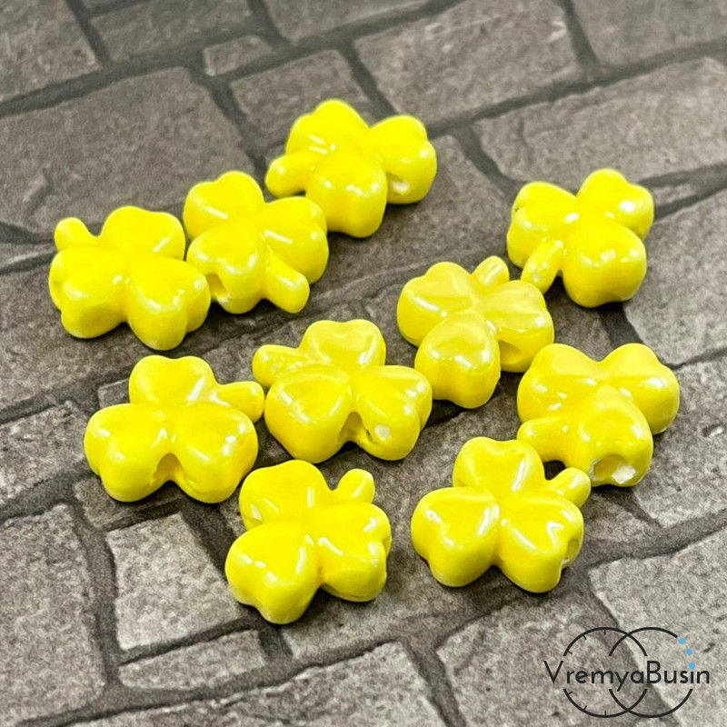 Бусина керамическая "Клевер", 10х13х5 мм, цв.  ЖЕЛТЫЙ  (1 шт.)