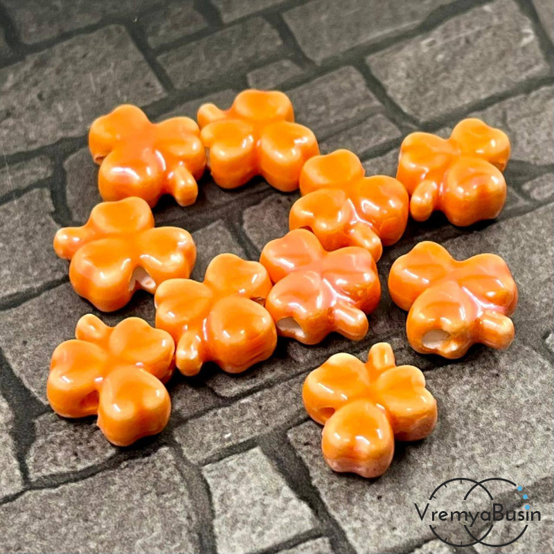 Бусина керамическая "Клевер", 10х13х5 мм, цв. ОРАНЖЕВЫЙ   (1 шт.)