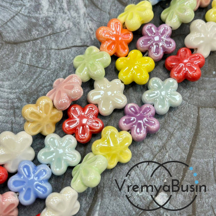 Бусина керамическая "Цветочек", 6х18 мм, цв. МИКС (1/2 нити, ок. 10 шт.)