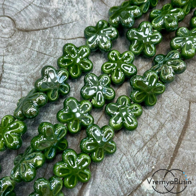 Бусина керамическая "Цветочек", 6х18 мм, цв. ЗЕЛЕНЫЙ ТЕМНЫЙ (1/2 нити, ок. 10 шт.)