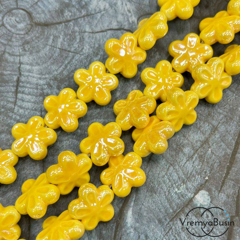 Бусина керамическая "Цветочек", 6х18 мм, цв. ЖЕЛТЫЙ (1/2 нити, ок. 10 шт.)