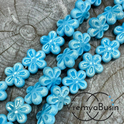 Бусина керамическая "Цветочек", 6х18 мм, цв. БИРЮЗОВЫЙ (1/2 нити, ок. 10 шт.)