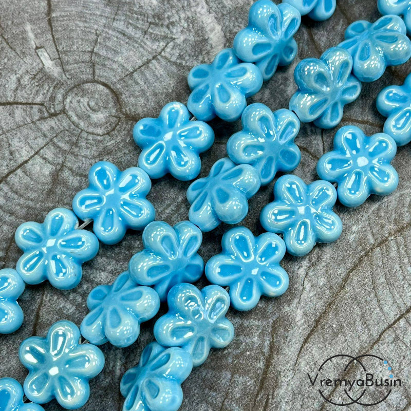 Бусина керамическая "Цветочек", 6х18 мм, цв. БИРЮЗОВЫЙ (1/2 нити, ок. 10 шт.)