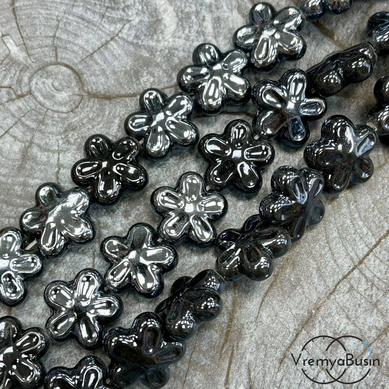 Бусина керамическая "Цветочек", 6х18 мм, цв. ЧЕРНЫЙ (1/2 нити, ок. 10 шт.)