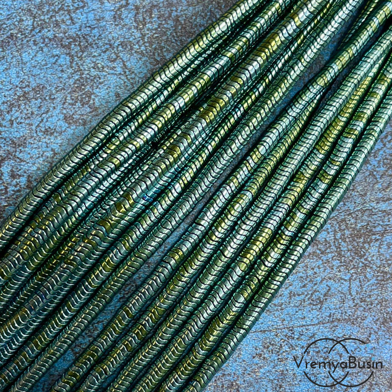 Гематит, диск изогнутый волной,4х1 мм, цв. зеленый (нить, ок. 400 шт.)