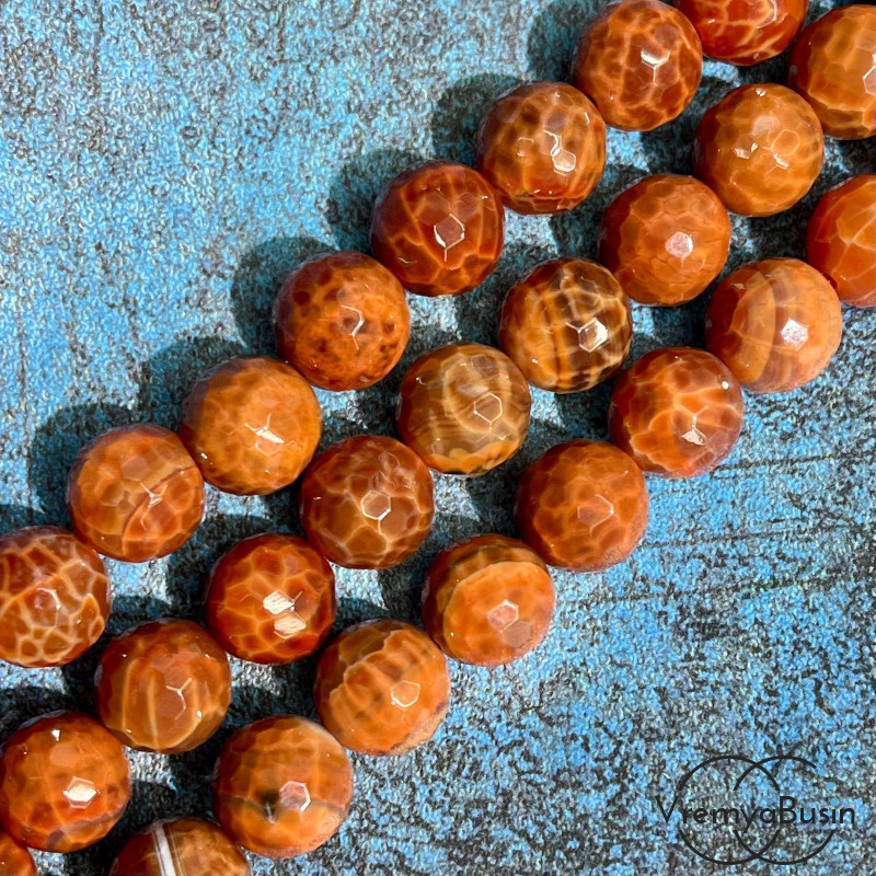 Агат огненный бразильский, шарик граненый 12 мм (1/2 нити, ок. 16 шт.)
