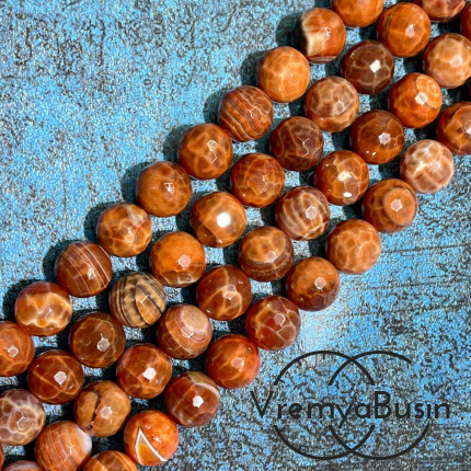 Агат огненный бразильский, шарик граненый 10 мм (1/2 нити, ок. 19 шт.)