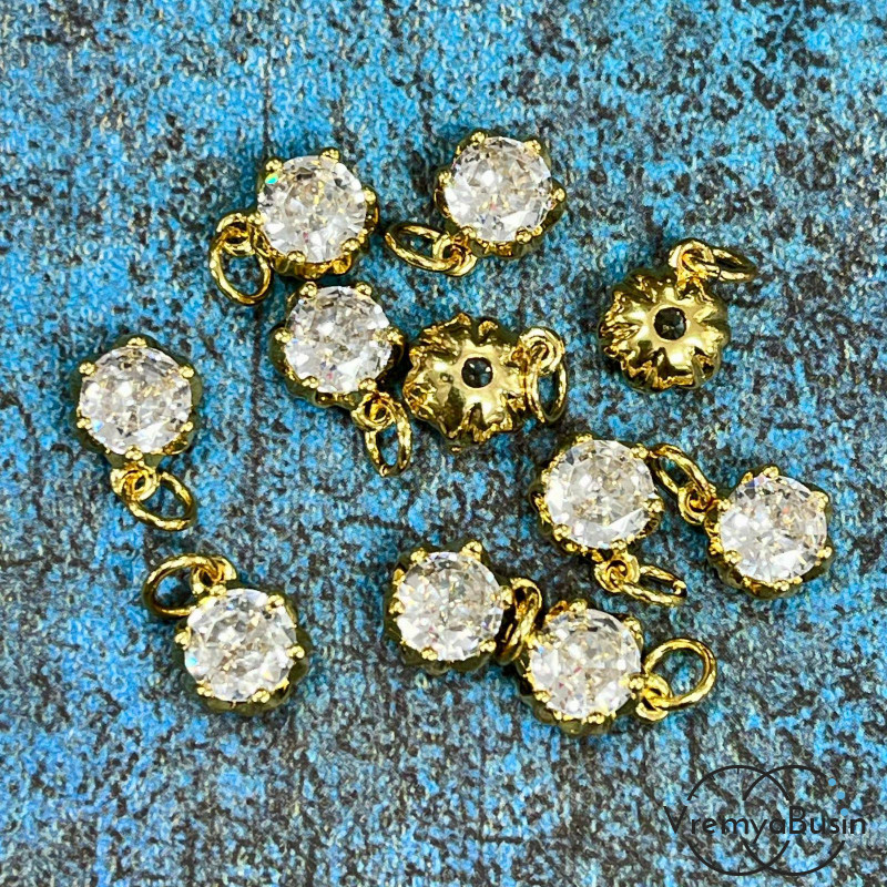 Подвеска круглый фианит, 10х8 мм, из латуни с позолотой (1 шт.)