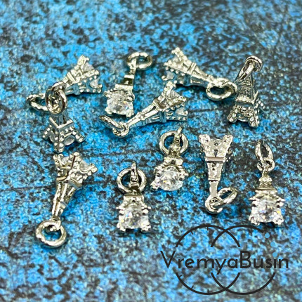 Подвеска «Эйфелева башня», 11х4 мм, из латуни с родиевым покрытием и фианитами  (1 шт.)