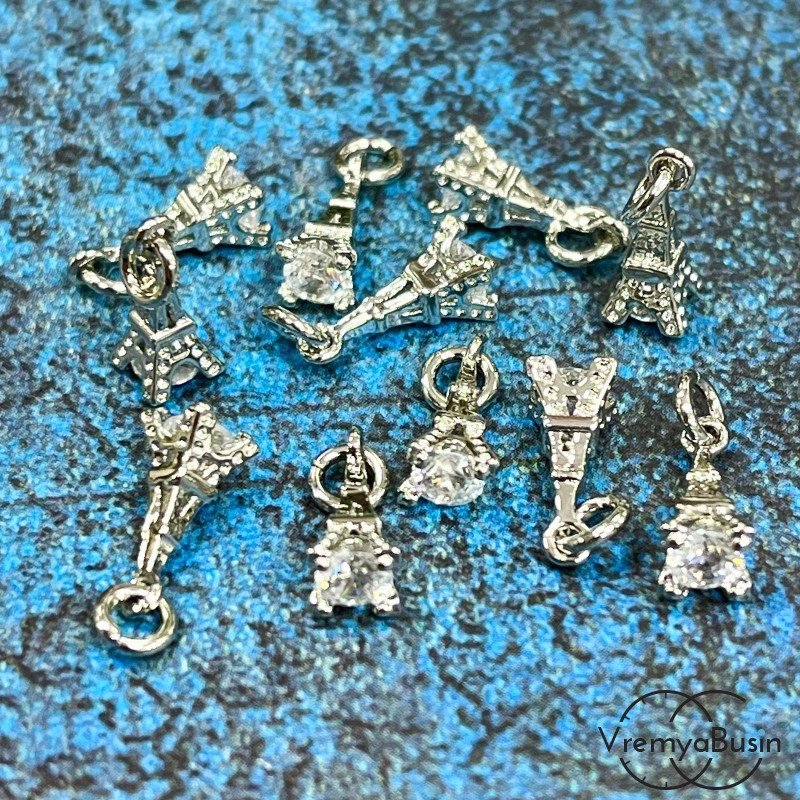 Подвеска «Эйфелева башня», 11х4 мм, из латуни с родиевым покрытием и фианитами  (1 шт.)