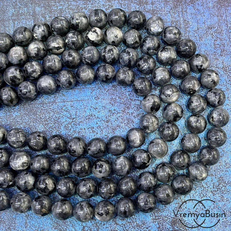Ларвикит, черный лабрадор, шарик гладкий 8 мм (1/2 нити, ок. 24 шт.)