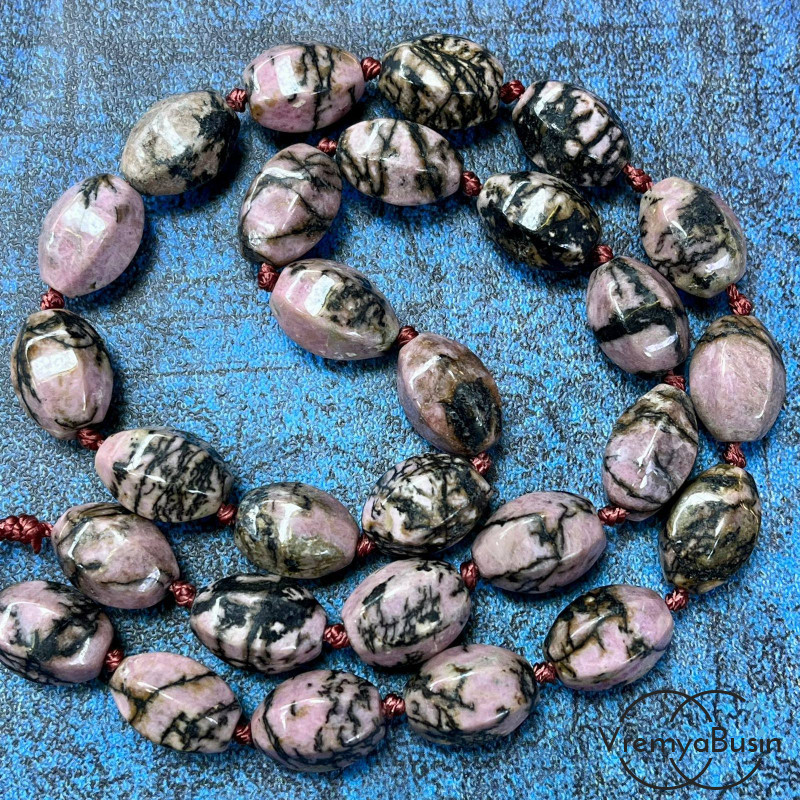 Родонит, бочонок с гранями, 14х10 мм (1/2 нити, ок. 13 шт.)