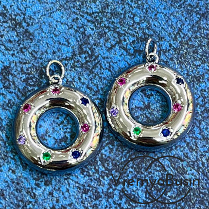 Подвеска со стразами "Пончик", 20 мм, латунь с родиевым покрытием (1 шт.)