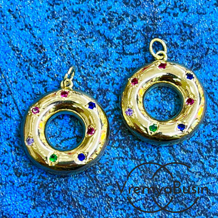 Подвеска со стразами "Пончик", 20 мм, латунь с позолотой (1 шт.)