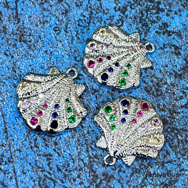 Подвеска со стразами "Ракушка", 17х16 мм, латунь с родиевым покрытием (1 шт.)