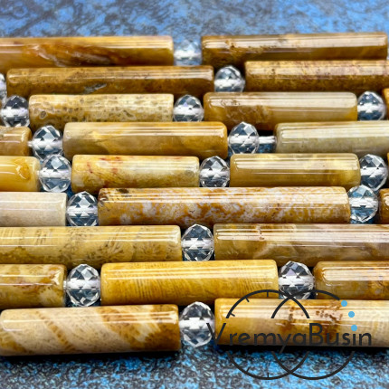 Коралл натуральный окаменелый, бусина трубочка гладкая ок. 7х40 мм (нить, ок. 9 шт.)