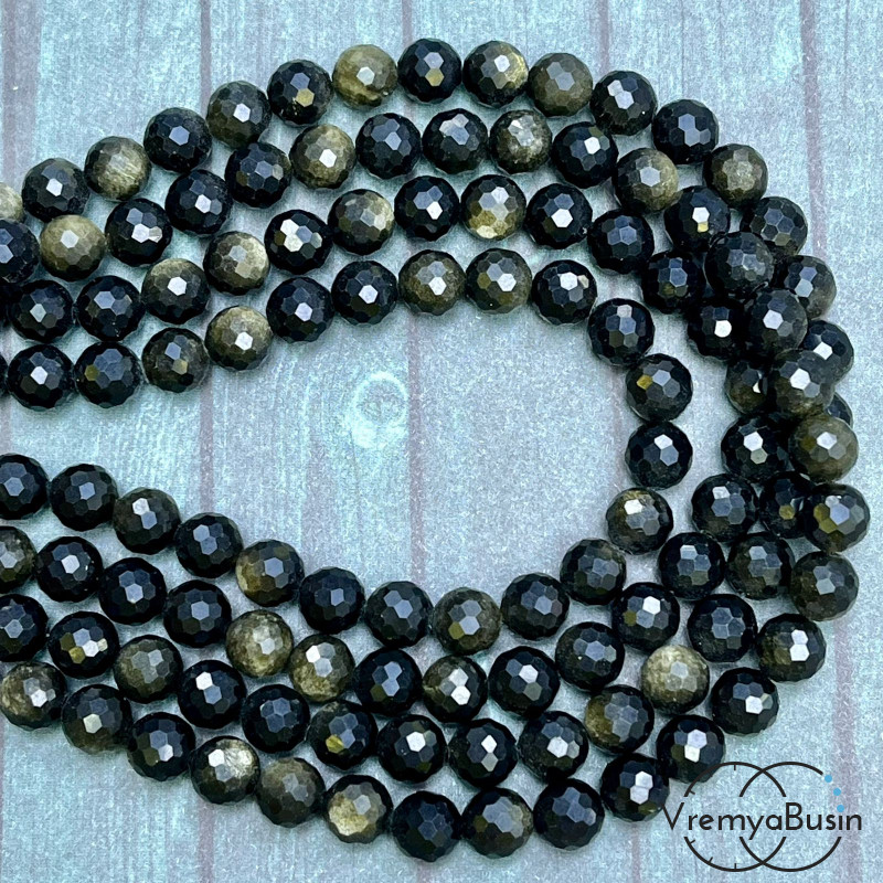 Обсидиан золотой, шарик граненый 8 мм (1/2 нити, ок. 24 шт.)