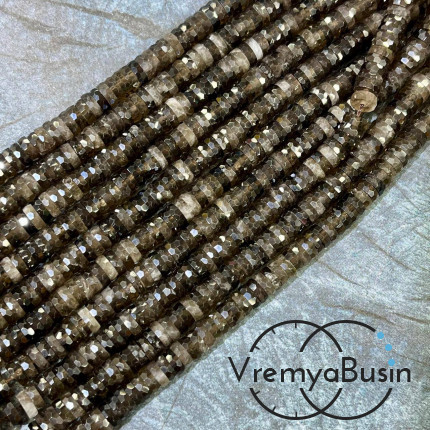 Обсидиан серебряный, бусины чипсы граненые круглые, ок. 6х2 мм (1/2 нити, ок. 80 шт.) 
