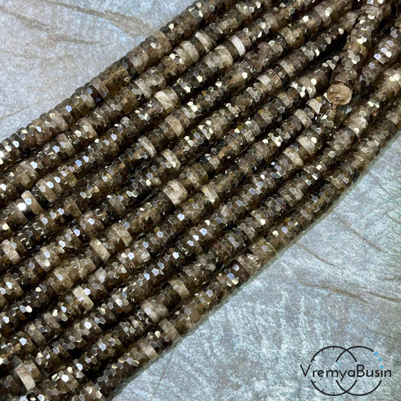 Обсидиан серебряный, бусины чипсы граненые круглые, ок. 6х2 мм (1/2 нити, ок. 80 шт.) 