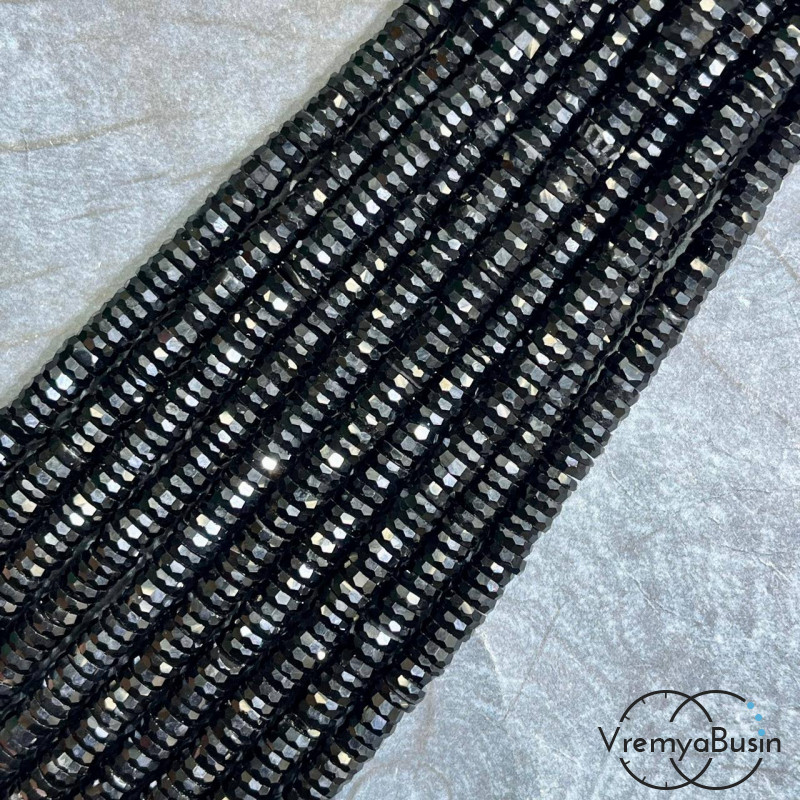 Турмалин черный, бусины чипсы граненые круглые, ок. 6х2 мм (1/2 нити, ок. 80 шт.) Турмалин черный, бусины чипсы граненые круглые, ок. 6х2 мм (1/2 нити, ок. 80 шт.)