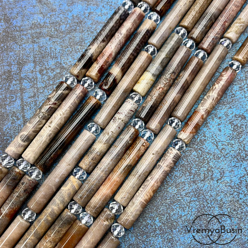 Коралл натуральный окаменелый, бусина трубочка гладкая ок. 7х40 мм (нить, ок. 9 шт.)