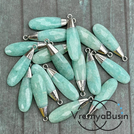 Амазонит. Подвеска граненая длинная капля, 33х10х5 мм, в оправе цв. родий (1 шт.)