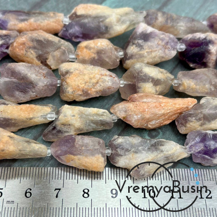 Аметист с гетитом, ауралит, бусины из необработанного камня, ок. 12х20-25 мм (нить, ок. 16 шт.)