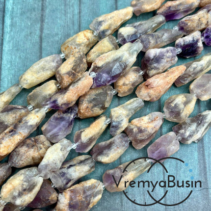 Аметист с гетитом, ауралит, бусины из необработанного камня, ок. 12х20-25 мм (нить, ок. 16 шт.)