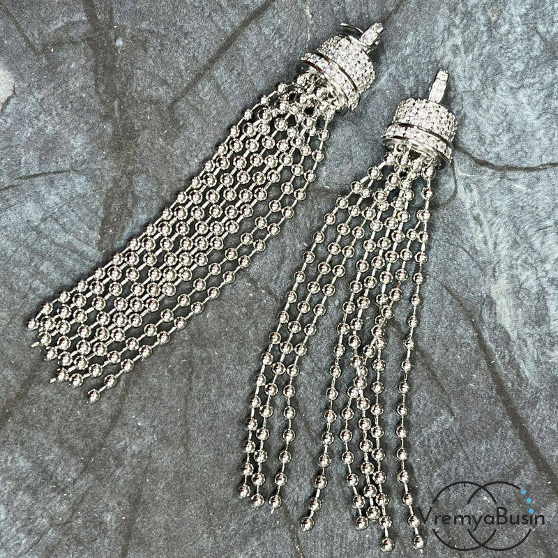 Подвеска с цепочками, 70х10 мм, латунь с родиевым покрытием и фианитами (1 шт.)