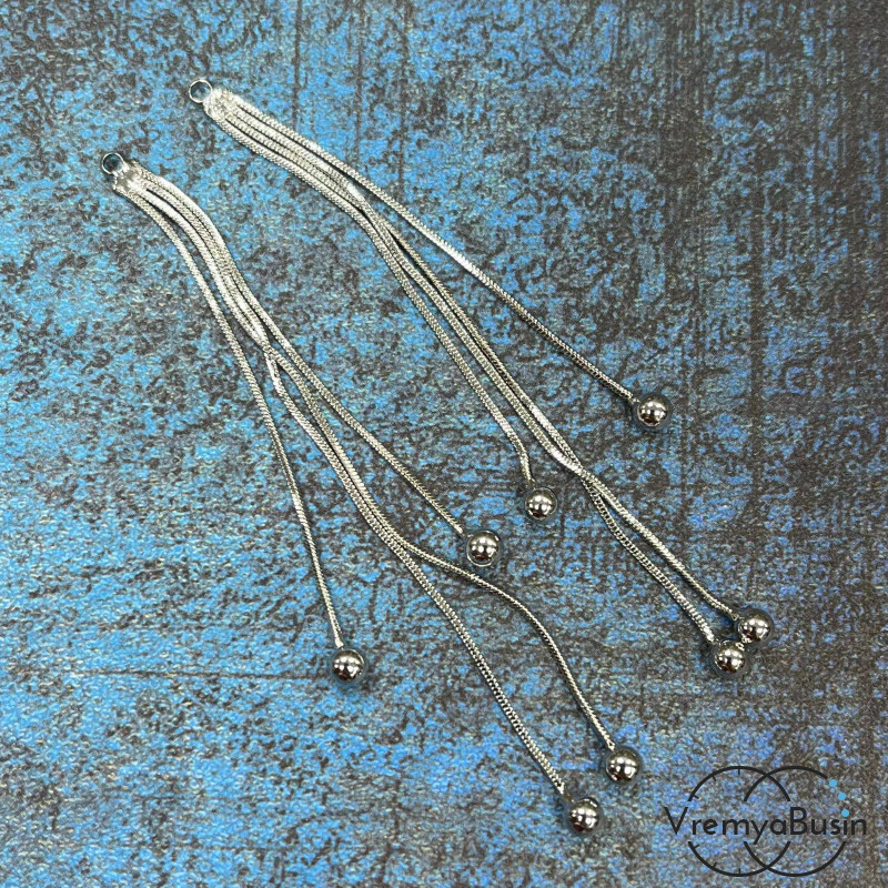 Подвеска с цепочками, 80х5 мм, латунь с родиевым покрытием и фианитами (1 шт.)