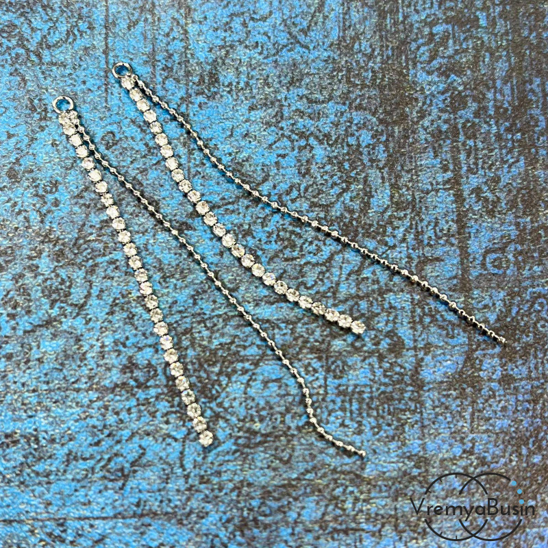 Подвеска с цепочками, 70х4 мм, латунь с родиевым покрытием и фианитами (1 шт.)