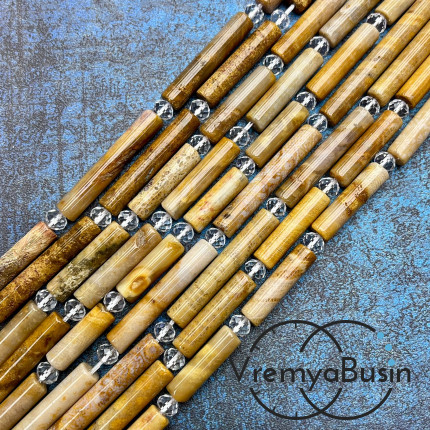 Коралл натуральный окаменелый, бусина трубочка гладкая ок. 7х40 мм (нить, ок. 9 шт.)