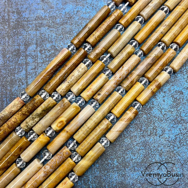 Коралл натуральный окаменелый, бусина трубочка гладкая ок. 7х40 мм (нить, ок. 9 шт.)